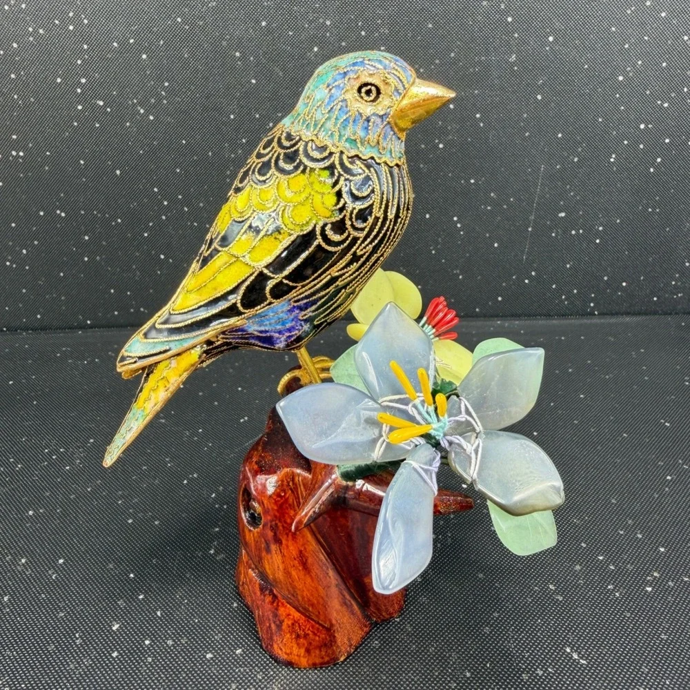 Cloisonne Enamel Bird Figurine Carved Wood Base Quartz Jade Stone Flowers 6in
